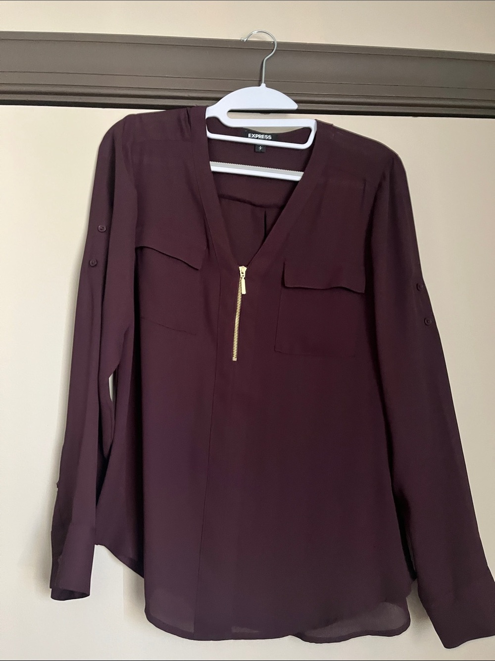 Express Women's Zip-Front Long Sleeve Blouse in Plum